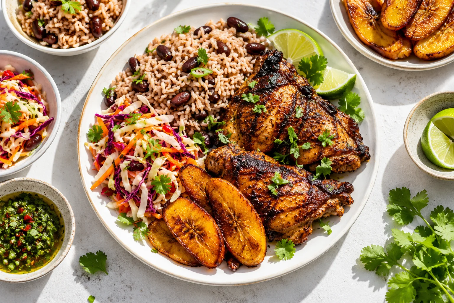 Caribbean grilled chicken, rice and plantain